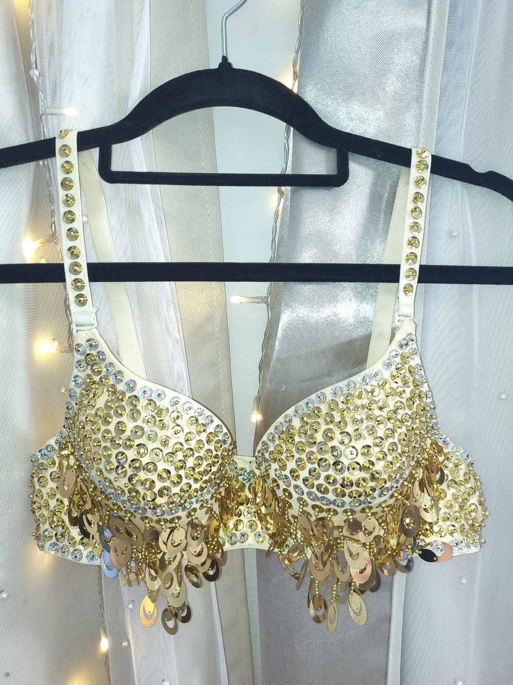 Forplay Gold Rhinestone Sequin Fringe Rave Bra Top Size 34B - Picture 2 of 4